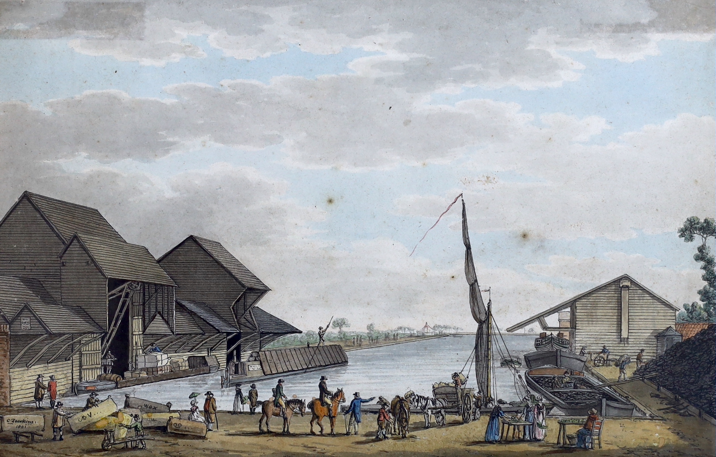 Charles Tomkins (1757-1823), pen, ink and watercolour 'Unloading at a wharf', signed and dated 1801, details verso, 14 x 22cm